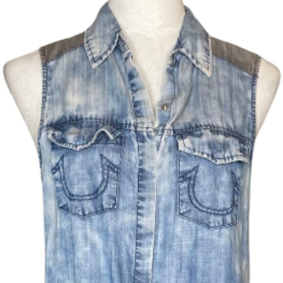 True Religion Womens Sleeveless Bleached Denim Chambray Georgia Dress Blue XS - Picture 5 of 9